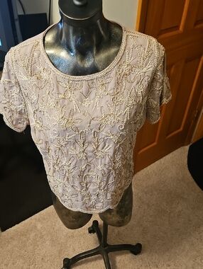 Endless Rose Beaded Short Sleeve Top - Light Taupe with Gold Embroidery